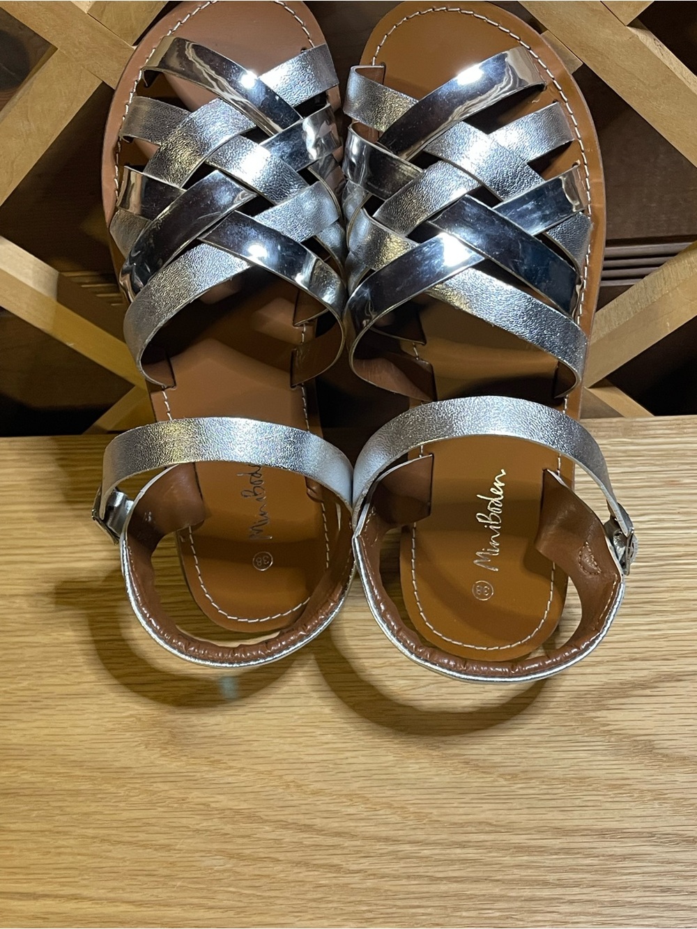 Mini Boden Leather Metallic Silver Strappy Sandal -Women’s Sz 7.5 -8 * India
